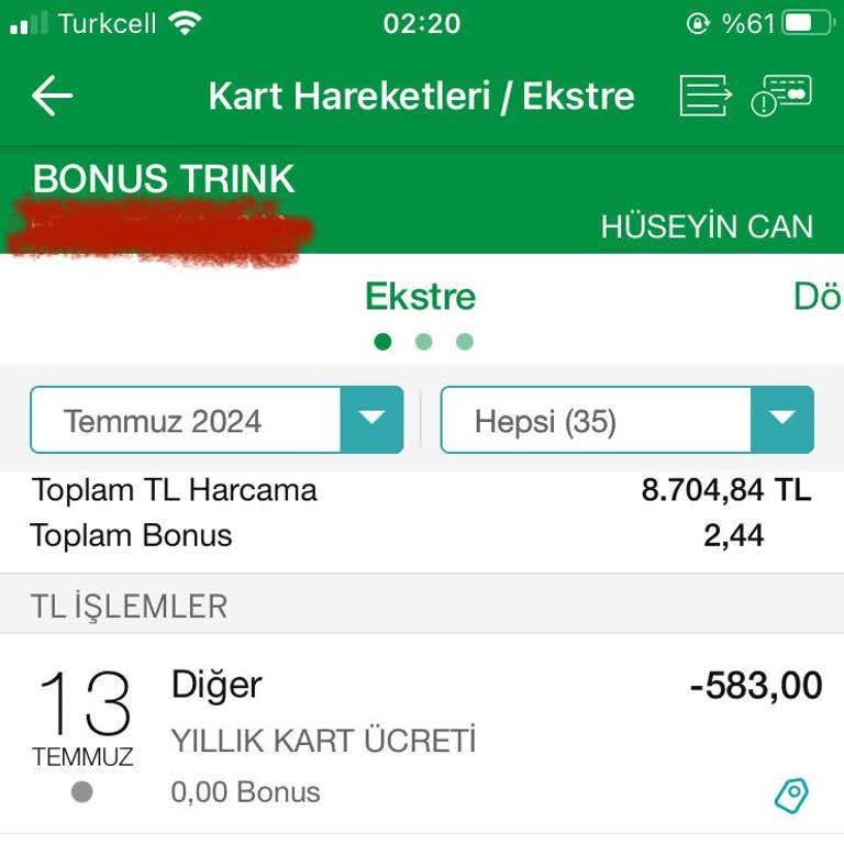Türkiye Garanti Bankası A. Ş. 583 TL Yıllık Kart Ücreti Kesmiştir.