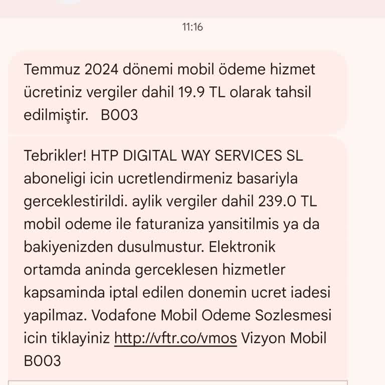 Vodafone Alakam Dışında Yapılan Mobil Ödeme