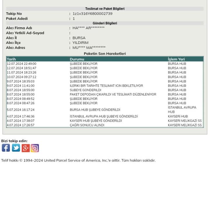 UPS Türkiye Kargo Ürünleri Zamanında Teslim Etmiyor.