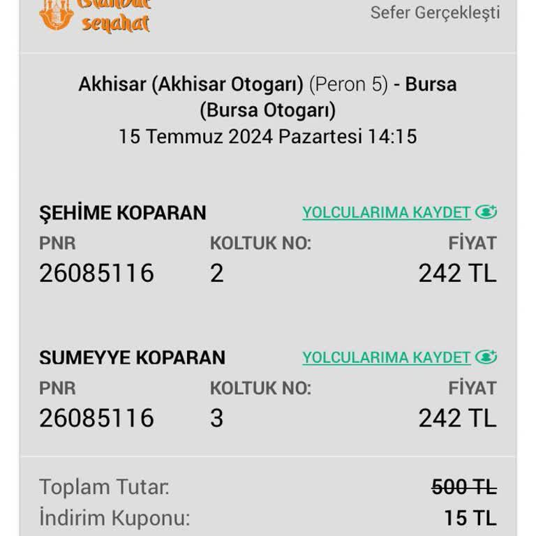 Obilet Uygulamasından Alınan Otobüs Bileti Hk