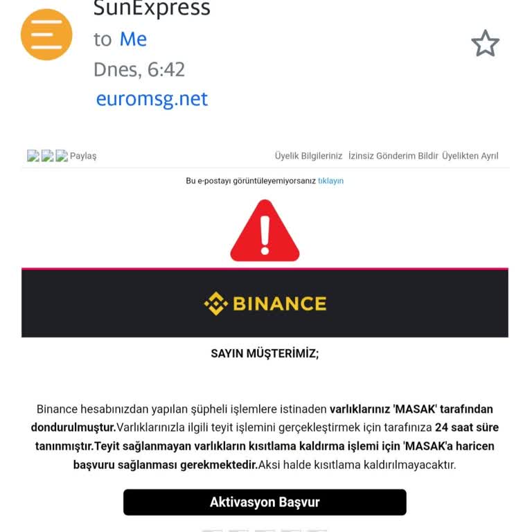 SunExpress Hava Yolları Spam Email, Hesabım MASAK Tarafından Dondurulmuştur