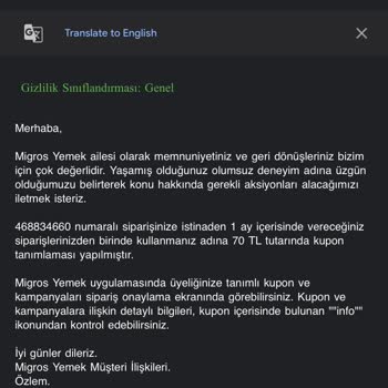 Migros Yemek Müşteri Hizmetleri Pişmanlıktır.