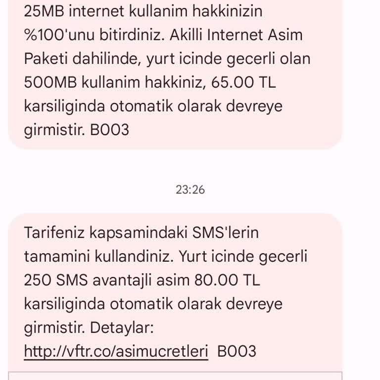Vodafone SMS Hakkı Bitmeden Paket Yüklendi