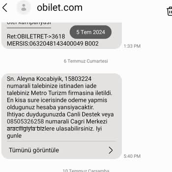 Obilet Metro Turizm Para İadesi Sorunu