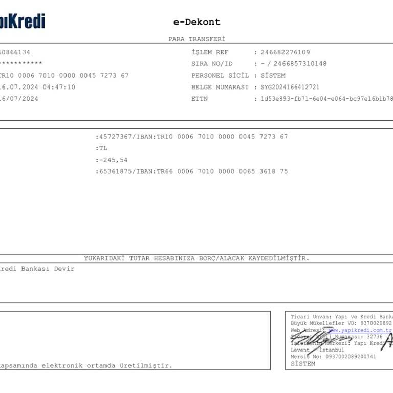 Yapı Kredi Bankası Yky Hesabına Devir