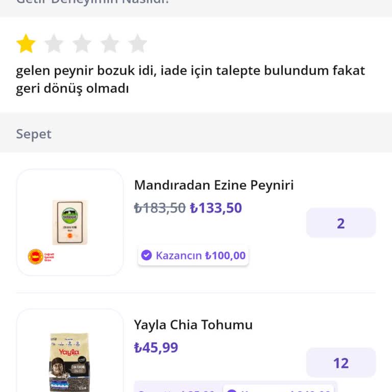 Getir Bozuk Ürün Gönderiyor, Ücret İade Etmiyor.