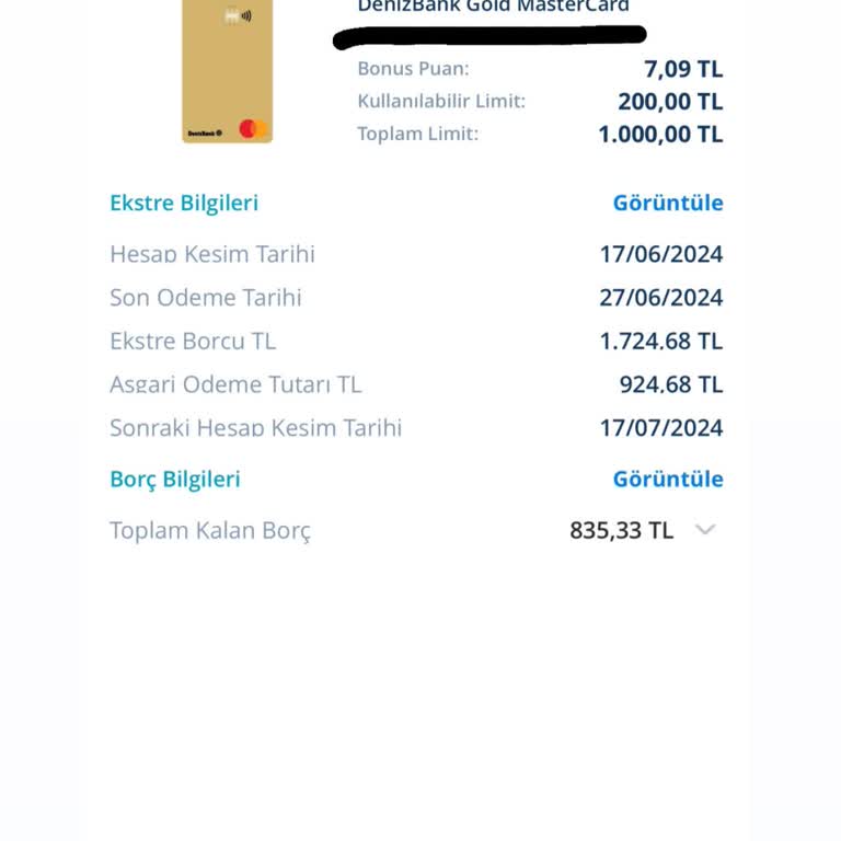 Denizbank Toplam Kart Limiti 1000₺ Aidat 800₺