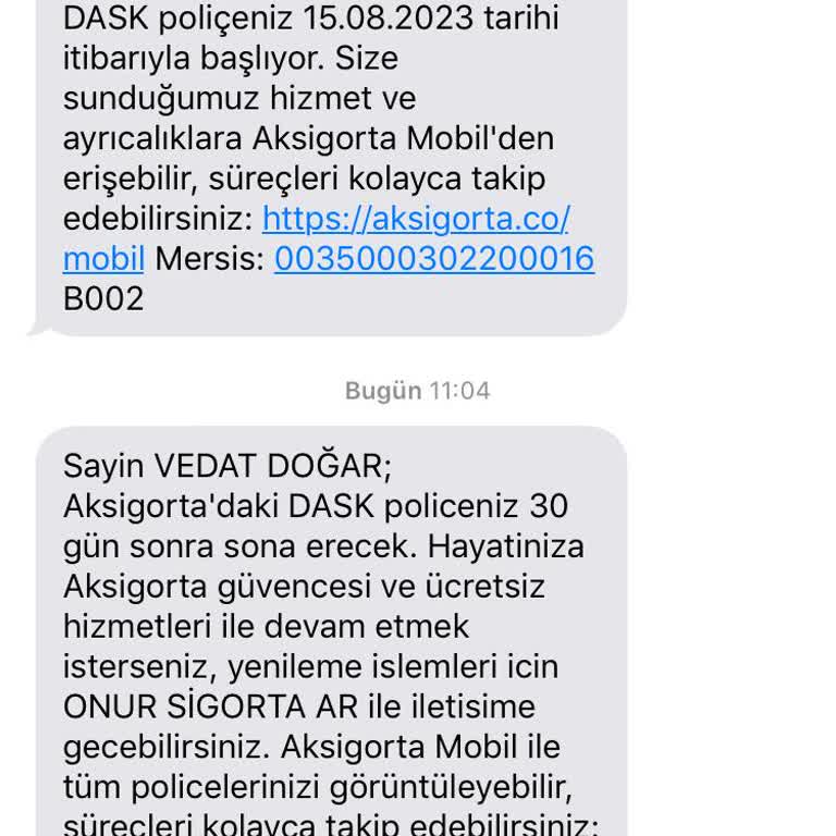 Aksigorta Bana Mesaj Atmayın