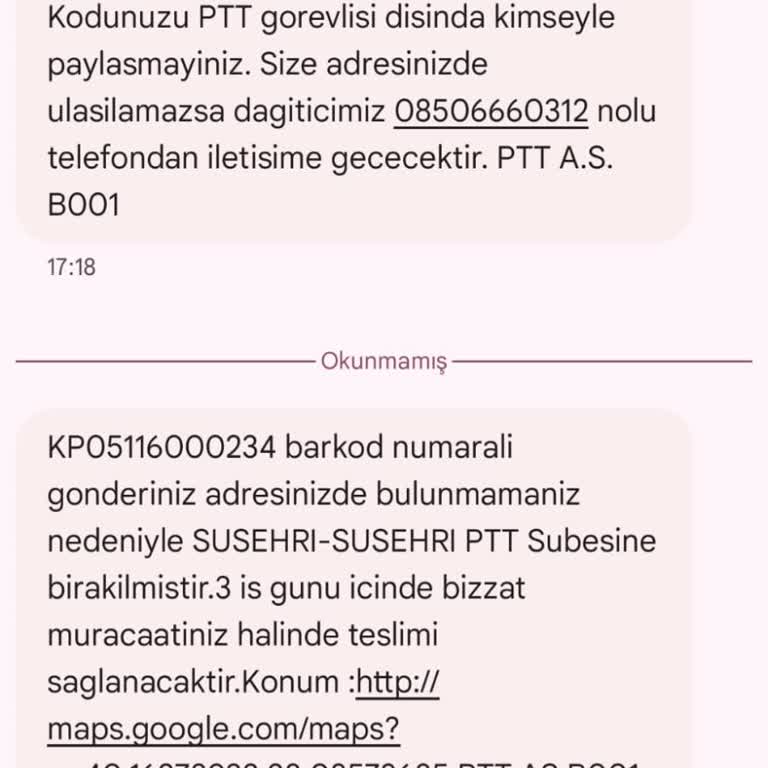 PTT Kargo KP05116000234 Barkod Numaralı Gönderim Eve Teslim Gelmedi