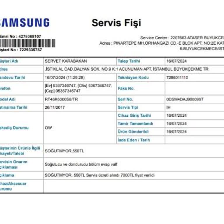 Samsung Buzdolabı RT46K6000S8 10 Yıllık Motor Garantisini Garanti Dışı