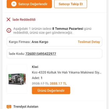 Kiwi Home Kiwi Marka Halı Yıkama Makinesini İade Kabul Etmiyor
