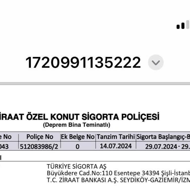 Türkiye Sigorta Ziraat Özel Konut Sigorta Poliçesi İptal Edilmesi