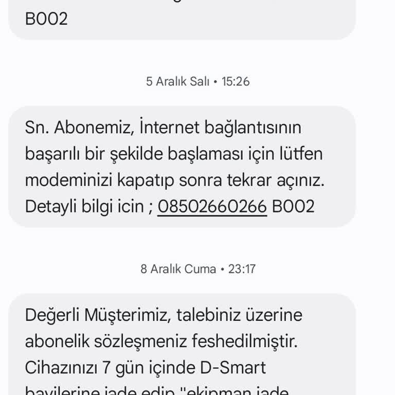 D-Smart Abonelik İşlemleri 08.12.2023 - 11.12.2023 Tarihlerinde İptal Ettiğim