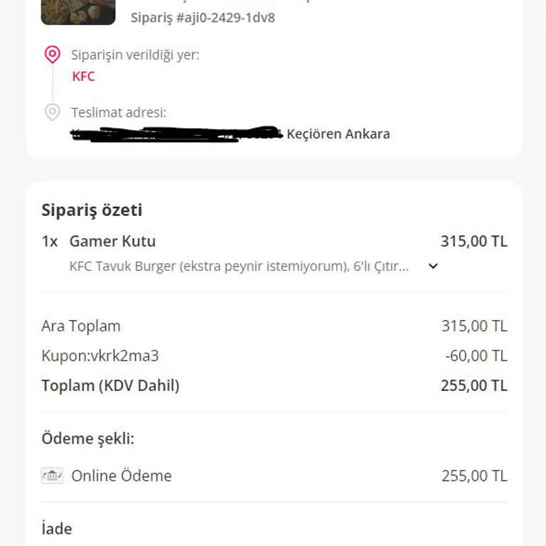 KFC Nedensiz İptal Sipariş