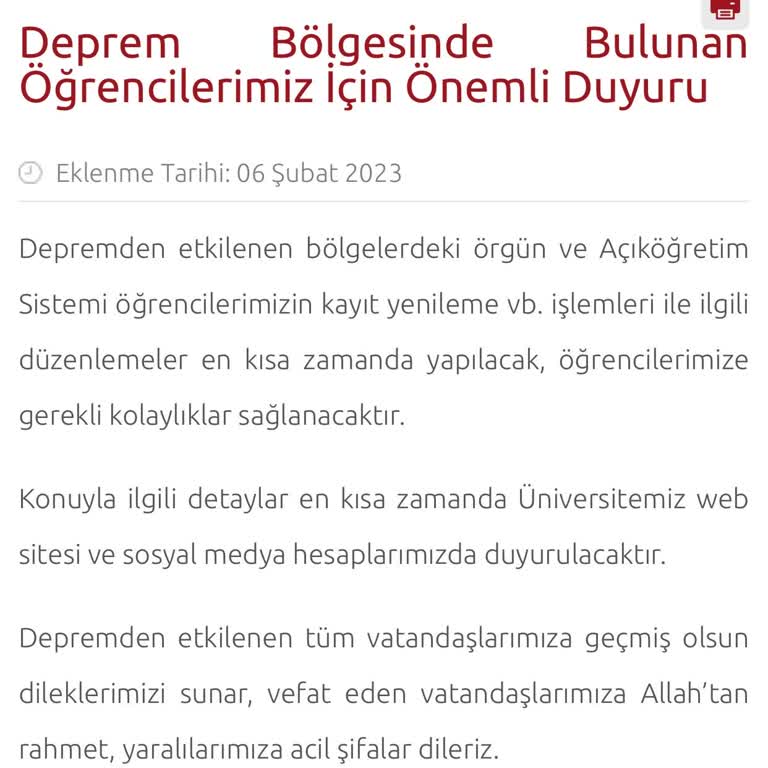 Anadolu Üniversitesi Depremden Dolayı 2023-2024 Kayıtlarının Aktif Olabileceği Hk.