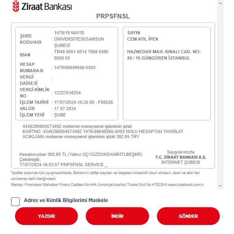 Ziraat Bankası Moneysend Adı Altında