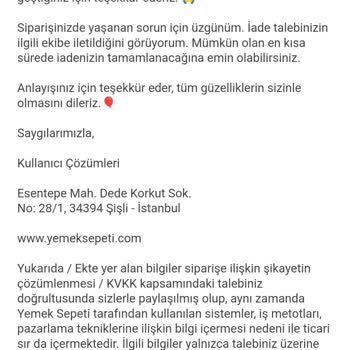 Yemeksepeti Pişmanlıktır İade Yapmıyor