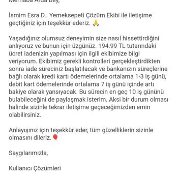 Yemeksepeti Pişmanlıktır İade Yapmıyor