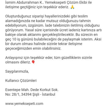 Yemeksepeti Pişmanlıktır İade Yapmıyor