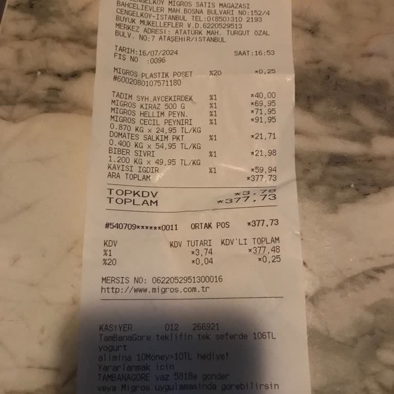 Migros Alışveriş Fişi KDV Oranları