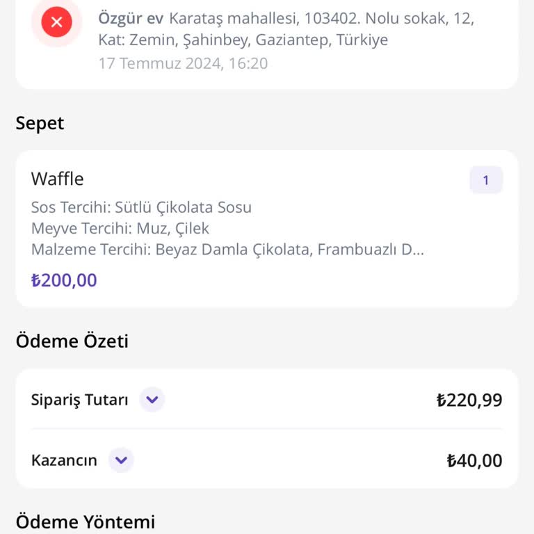 GetirYemek Siparişin Yanlış Adrese Gitmesi Nedeniyle İade Yapılmaması