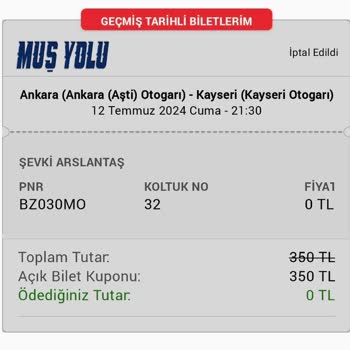 Obilet Sefere 20 Dakika Kala İptal Olan Bilet