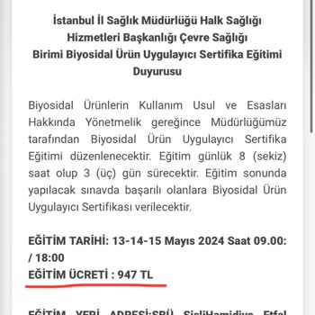Bursa İl Sağlık Müdürlüğü Biyosidal Ürün Uygulayıcı Eğitim Ücretleri!