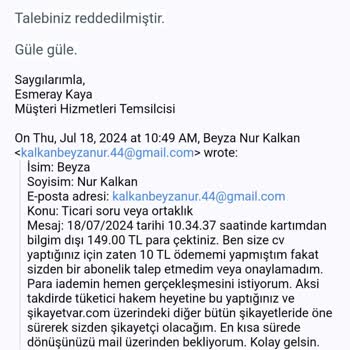 Cvmaker.com.tr İzinsiz Çekilen Ücretin İadesini Talep Ediyorum