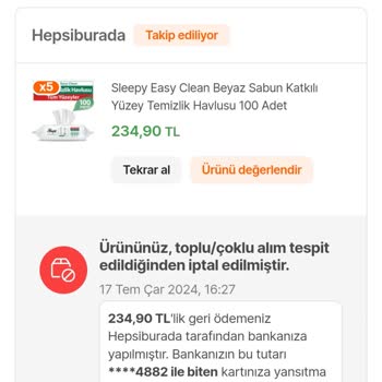 Hepsiburada Yanlış İptal Edilen İndirimli Ürün Siparişi