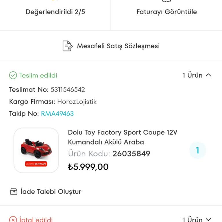 Horoz Lojistik Dolu Toy Factory Sport Coupe 12 Volt Kumandalı Akülü Araba