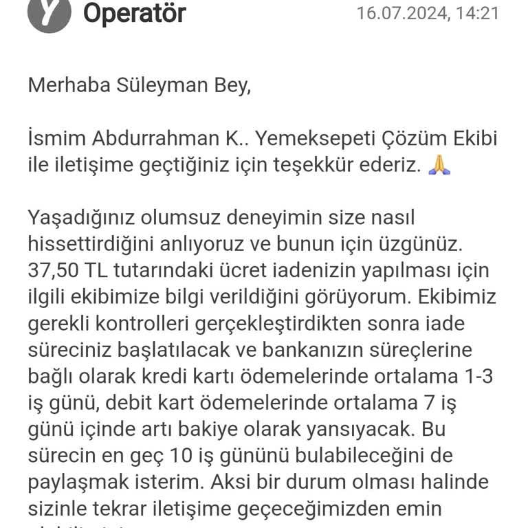 Yemeksepeti Ücret İadesinin Yapılmaması