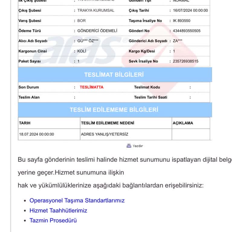 Aras Kargo Ürünümü Teslim Etmedi