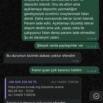 Yaser Turizm Yanıltıcı Depozito Talepleri Ve İade Sorunları