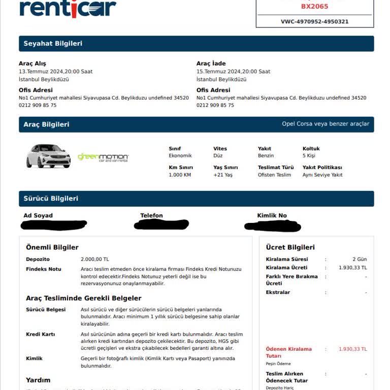 Renticar.com Renticar Firması Bana Neden Araç Verilemediğini Açıklasın Lütfen