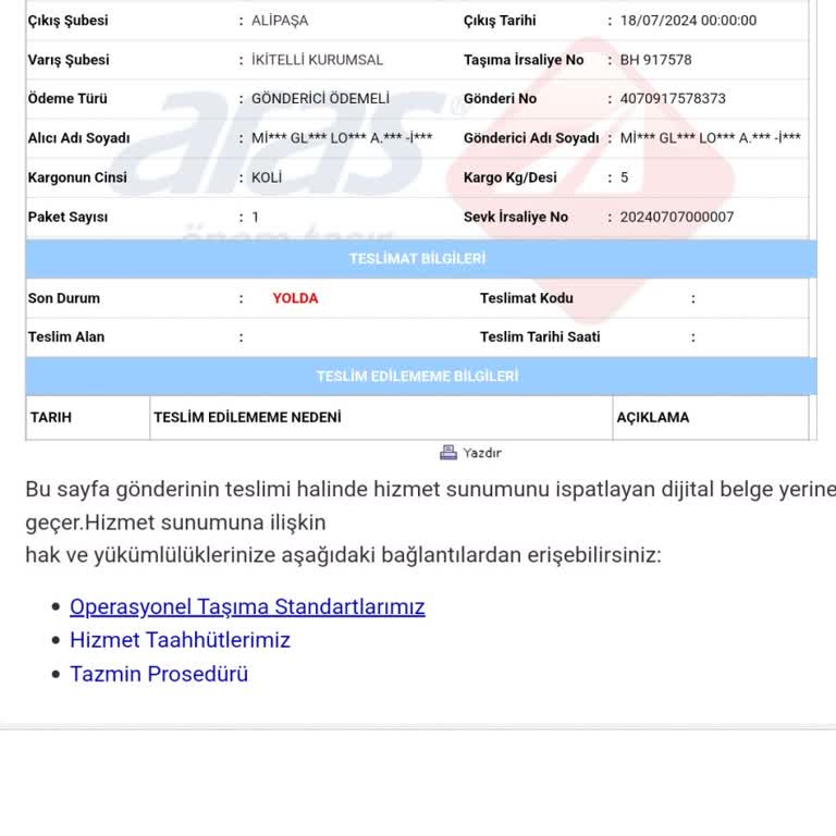 Aras Kargo Alipaşa Şubesi Kargomu Habersiz İade Etmesi