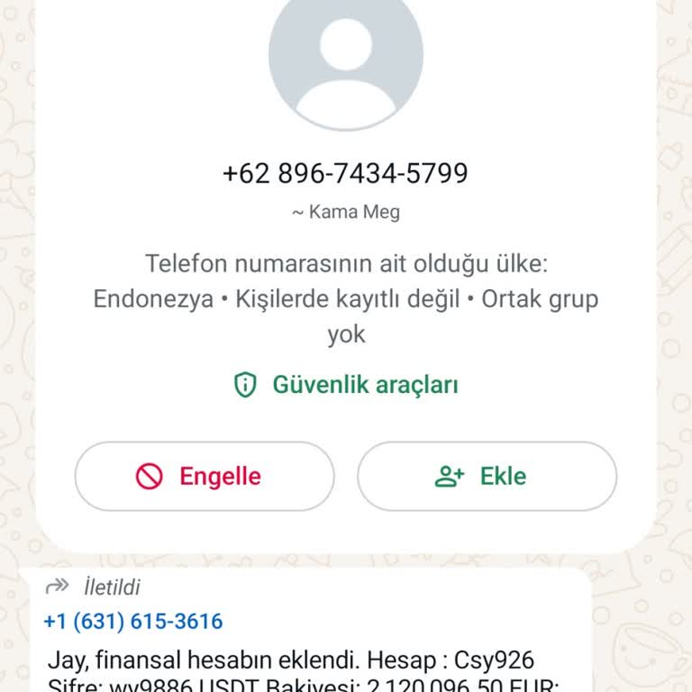 WhatsApp Bilinmeyen Yurt Dışından Gelen Hesap Mesajı
