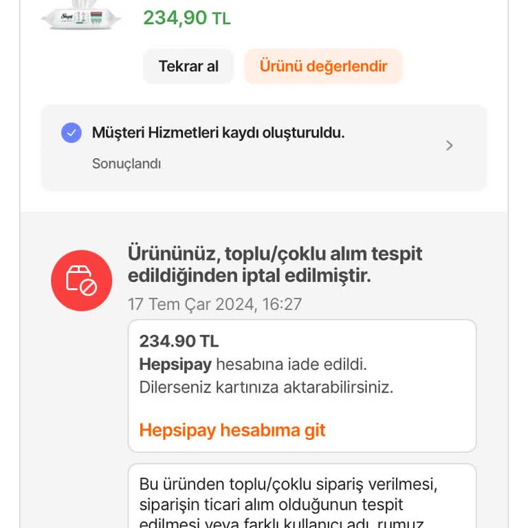Hepsiburada'dan Almış Olduğum Sleepy Temizlik Mendillerin İptal Olması