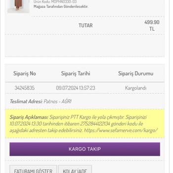 Sefamerve Kargoya Verilmeyen Sipariş