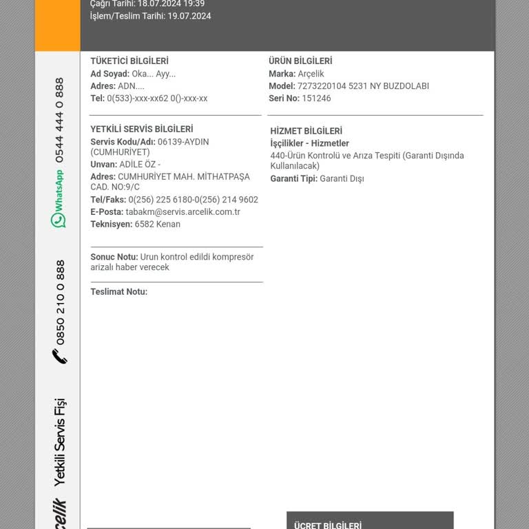 Arçelik Sistem Sorunu Nedeni İle Geç Servis Hizmeti