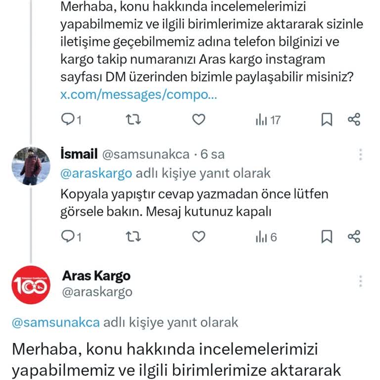 Aras Kargo Aras Sosyal Medya Hesabı Bot Mesajı
