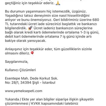 Yemek Sepeti İptal Edilen Siparişimin İadesini Yapmıyor!