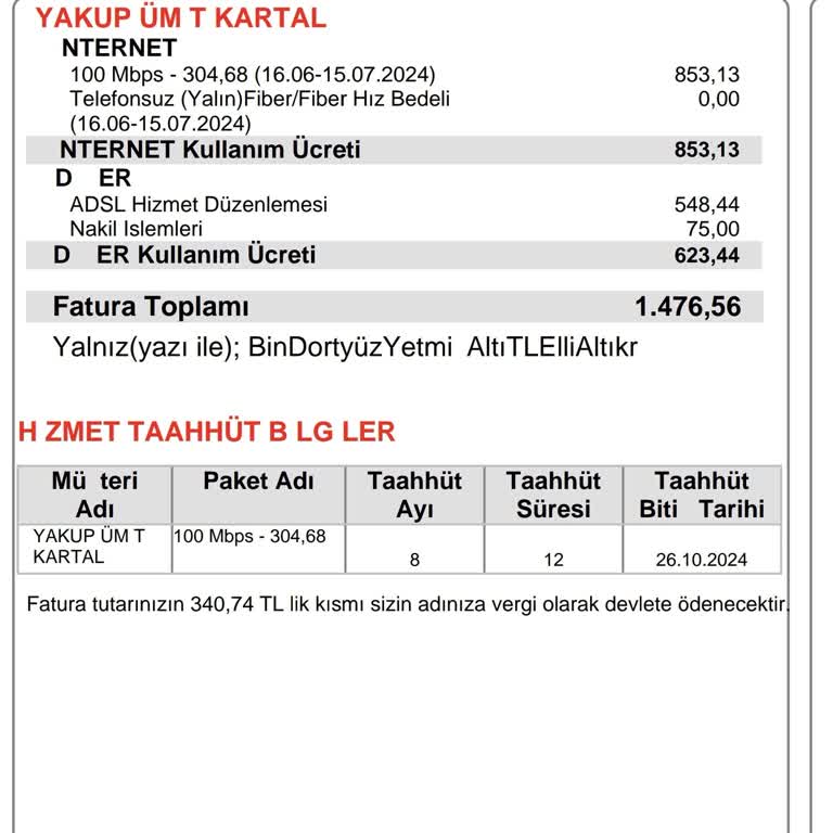Vodafone Net Fahiş Fatura Tutarı