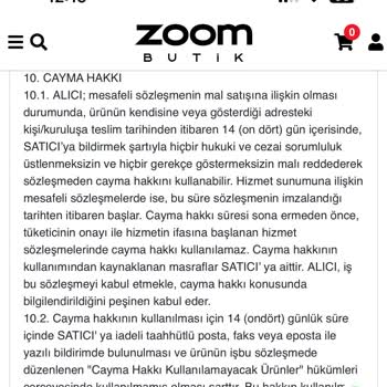 Zoom Butik Sitedeki İade Süreci Yazmasına Rağmen İade Kabul Edilmiyor