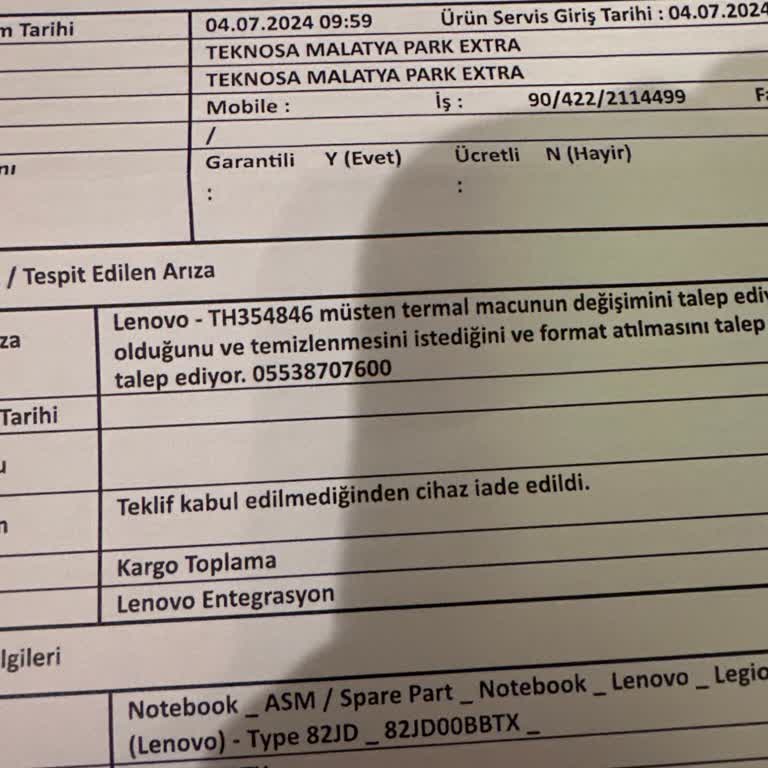 Lenovo Bilgisayar Teknik Servis Sorumsuzluğu