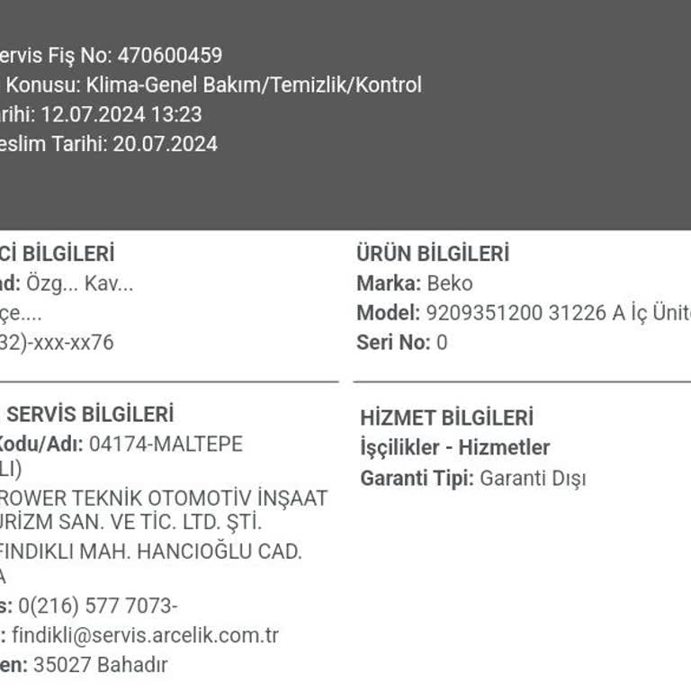 Beko Klima Servis Hizmetinden Memnuniyetsizlik