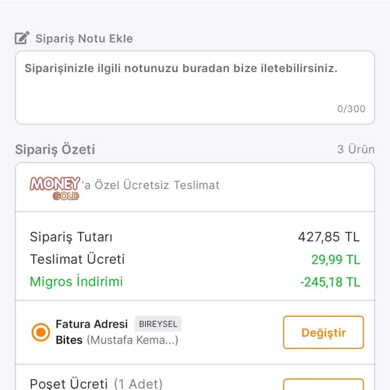 Migros Gold Üyelikte Sipariş Ücreti Alınması
