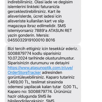 Atasun Optik Gözlük Siparişimde Gecikme Ve İletişim Sorunu