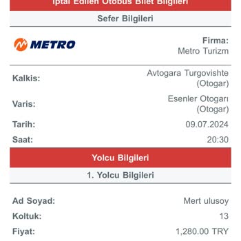 Metro Turizm Obilet Bilet İptali 13 Gün Geçmesine Rağmen İade Yapılmadı!