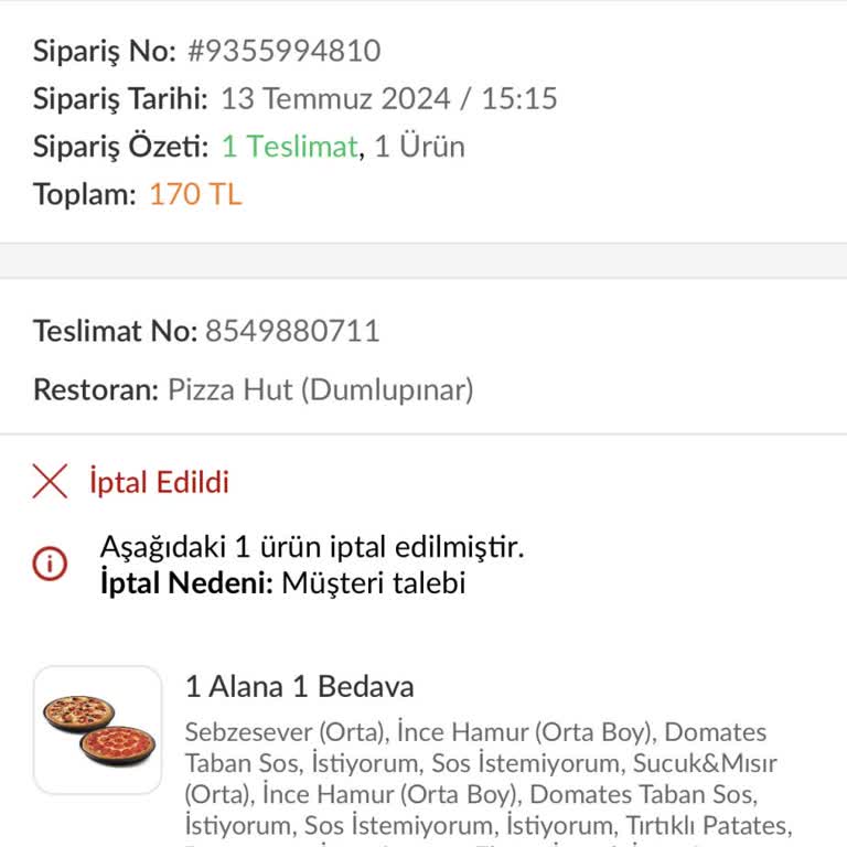 Trendyol Yemek Sipariş İptalinde Para İadesinin Yapılmaması