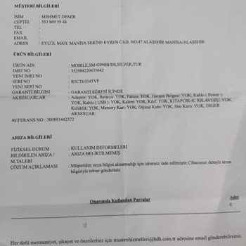BDH Samsung Yetkili Servis Onarım Yapmamış.